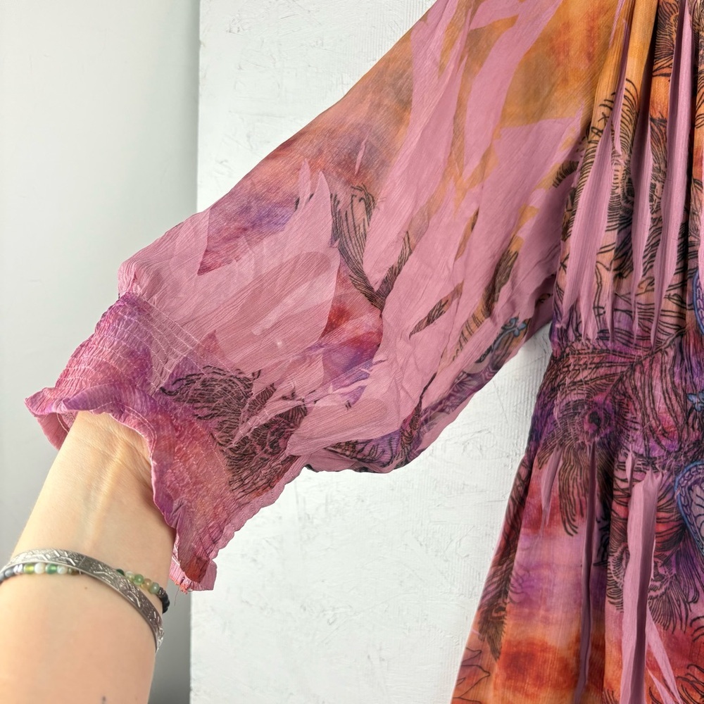 Unity World Wear Purple and Orange Boho Dress Sheer Balloon Sleeves Colorful XL - Picture 3 of 6